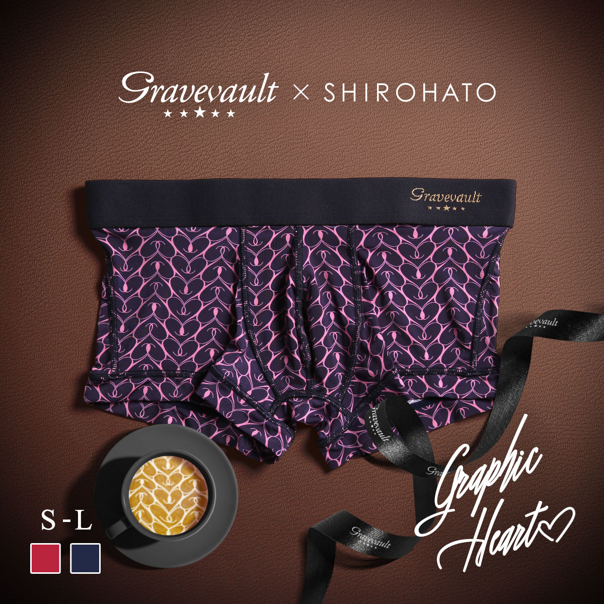 グレイブボールト Gravevault×SHIROHATO 別注 限定カラー Graphic heart ローライズボクサーパンツ メンズ 前とじ S M L 3052251(NV-ネイビー-S)