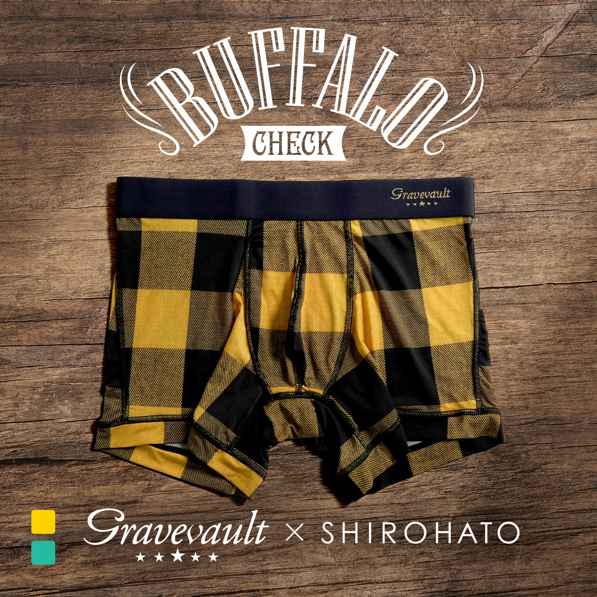 グレイブボールト Gravevault×SHIROHATO 別注 限定カラー Buffalo Check ショートボクサーパンツ メンズ 前とじ M L XL(MUS-マスタード-M)
