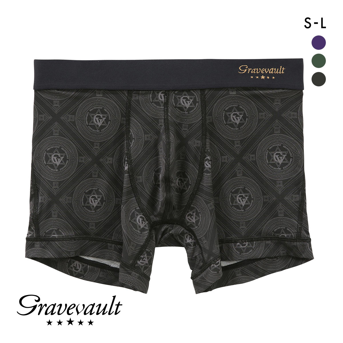 グレイブボールト Gravevault LANDMARK ショート ボクサーパンツ SML メンズ 前閉じ 日本製(BK-ブラック-S)