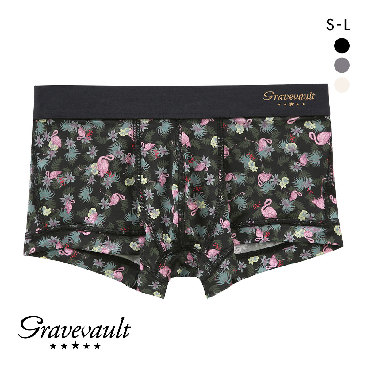 グレイブボールト Pink Flamingo ローライズボクサーパンツ SML メンズ 前閉じ 日本製 Gravevault(BK-ブラック-S)