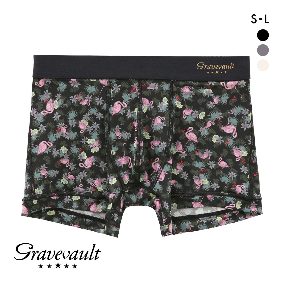 グレイブボールト Pink Flamingo ショートボクサーパンツ SML メンズ 前閉じ 日本製 Gravevault(BK-ブラック-S)