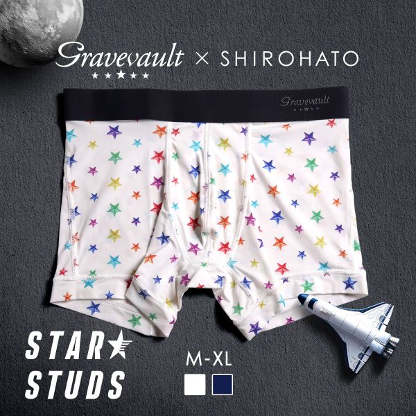 グレイブボールト Gravevault×SHIROHATO 別注 限定カラー STAR STUDS ショートボクサーパンツ メンズ 前とじ M L XL(WH-ホワイト-M)