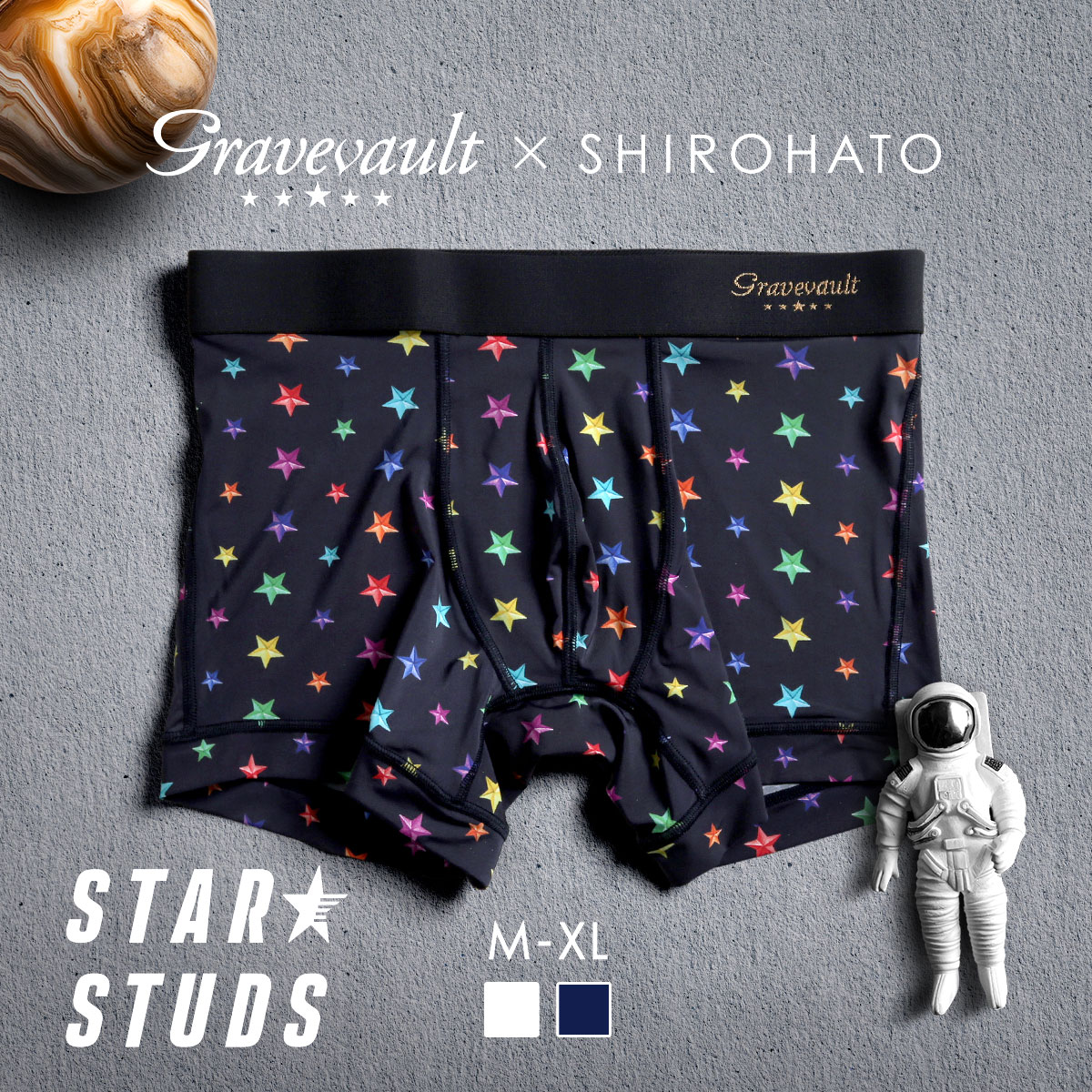 グレイブボールト Gravevault×SHIROHATO 別注 限定カラー STAR STUDS ショートボクサーパンツ メンズ 前とじ M L XL(NV-ネイビー-M)