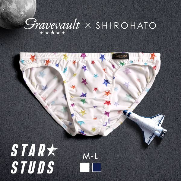 グレイブボールト Gravevault×SHIROHATO 別注 限定カラー STAR STUDS フルバック ビキニ  M L ブリーフ メンズ(WH-ホワイト-M)