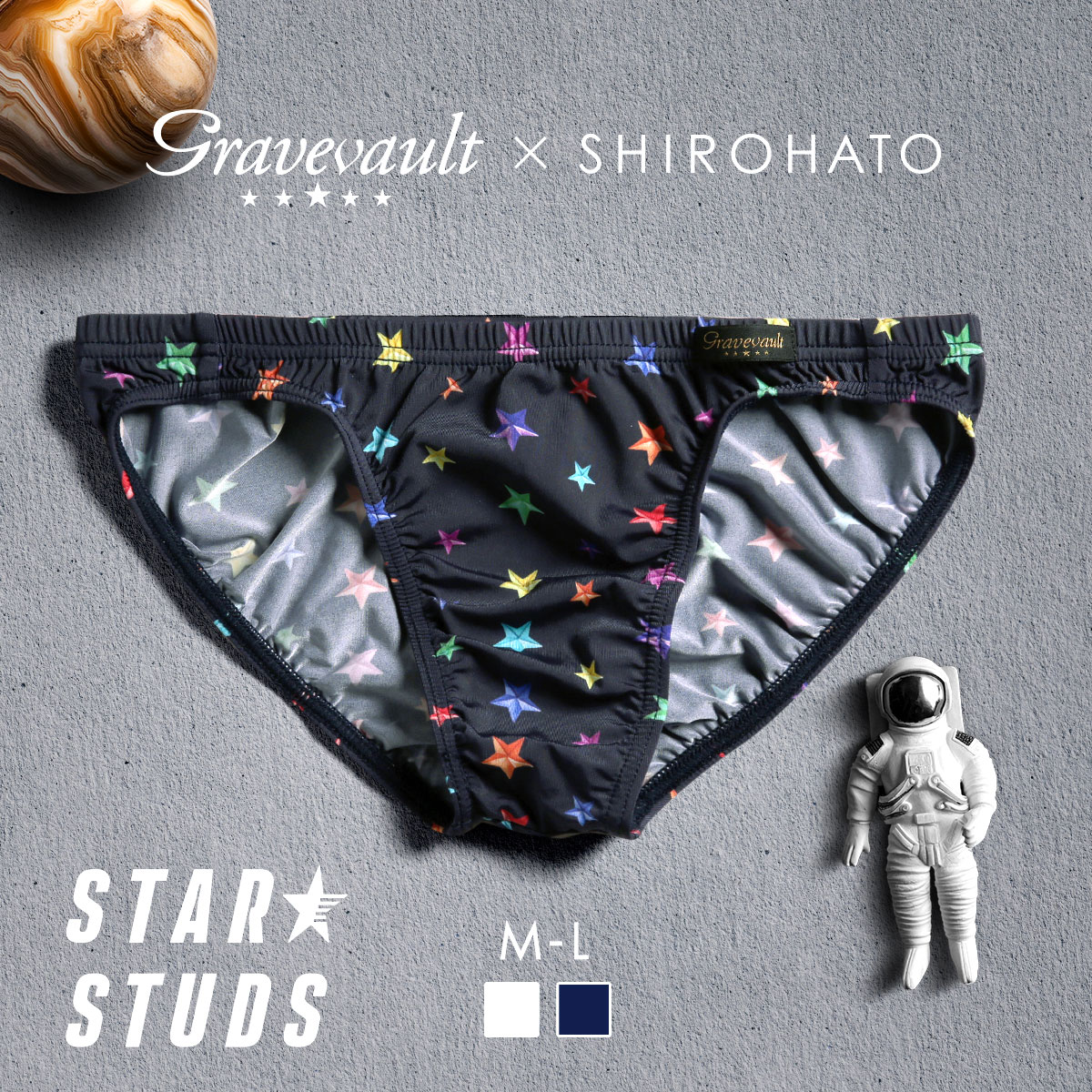 グレイブボールト Gravevault×SHIROHATO 別注 限定カラー STAR STUDS フルバック ビキニ  M L ブリーフ メンズ(NV-ネイビー-M)