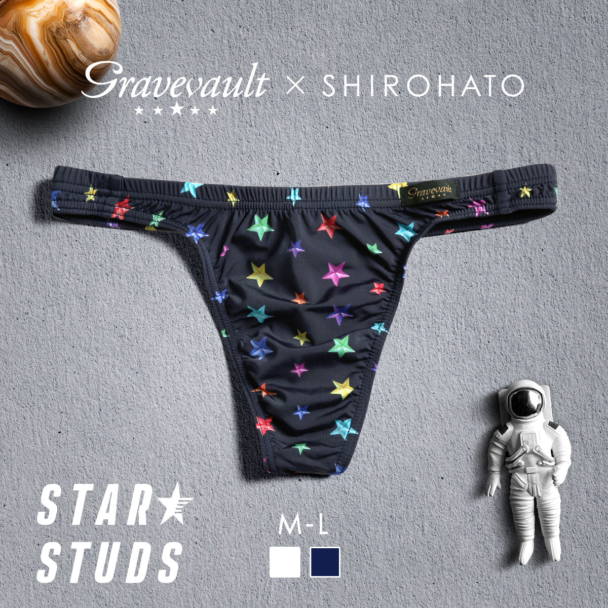 グレイブボールト Gravevault×SHIROHATO 別注 限定カラー STAR STUDS Tバック ビキニ  ML メンズ 前とじ 3052436S(NV-ネイビー-M)