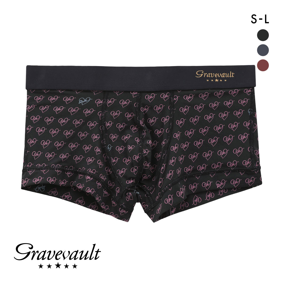 グレイブボールト LOVE プリント ローライズボクサーパンツ SML メンズ 前閉じ 日本製 Gravevault(BK-ブラック-S)