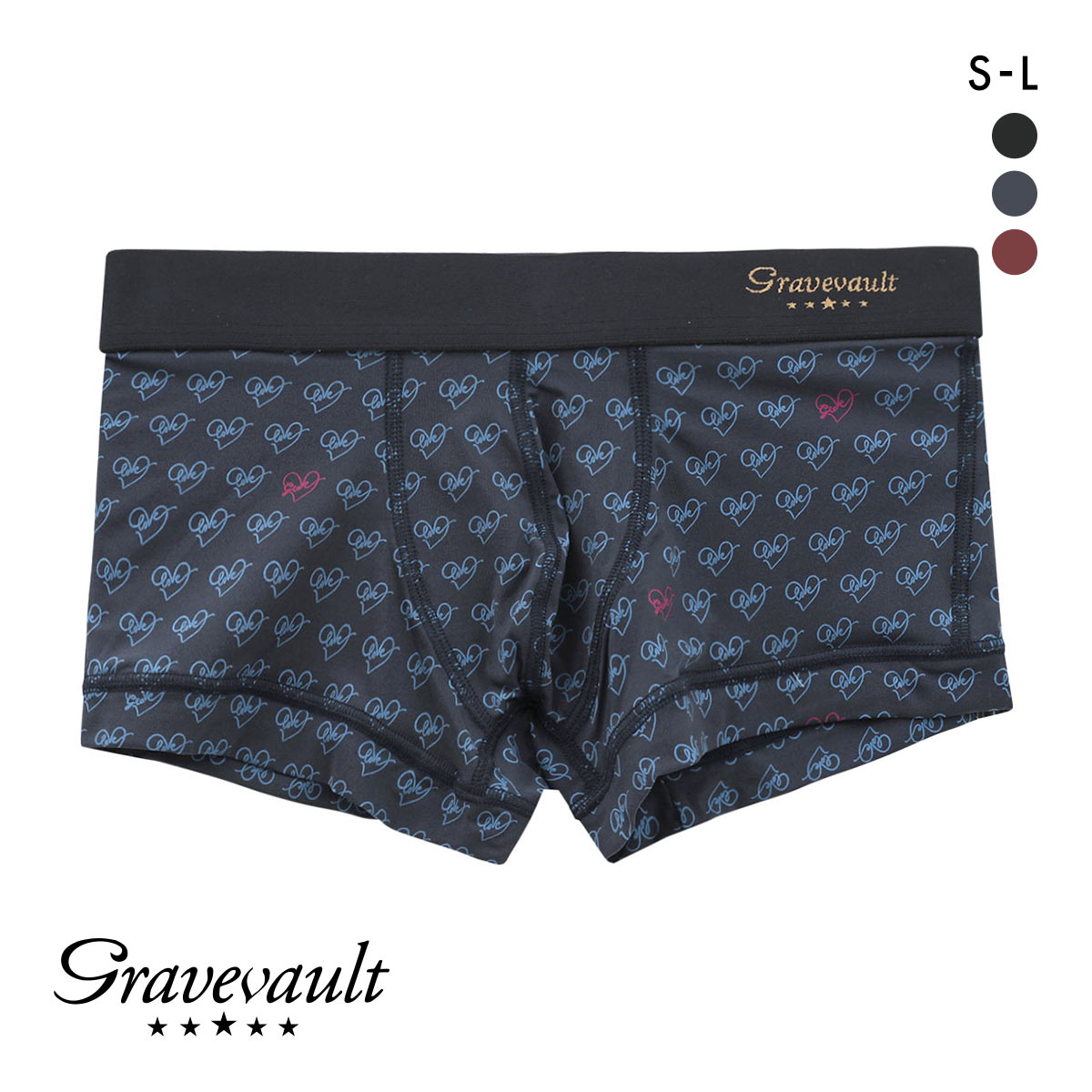 グレイブボールト LOVE プリント ローライズボクサーパンツ SML メンズ 前閉じ 日本製 Gravevault(NV-ネイビー-S)