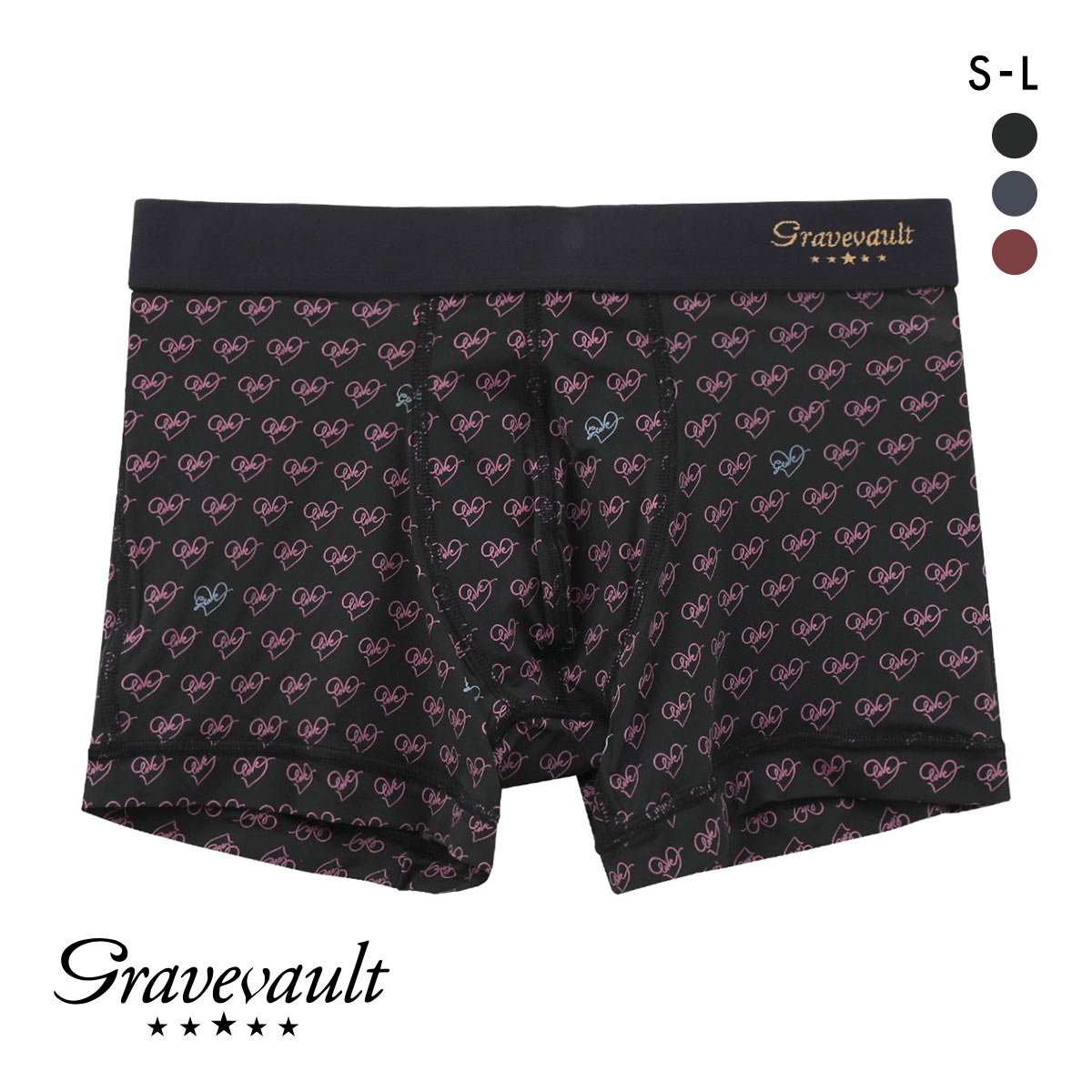 グレイブボールト LOVE プリント ショートボクサーパンツ SML メンズ 前閉じ 日本製 Gravevault(BK-ブラック-S)