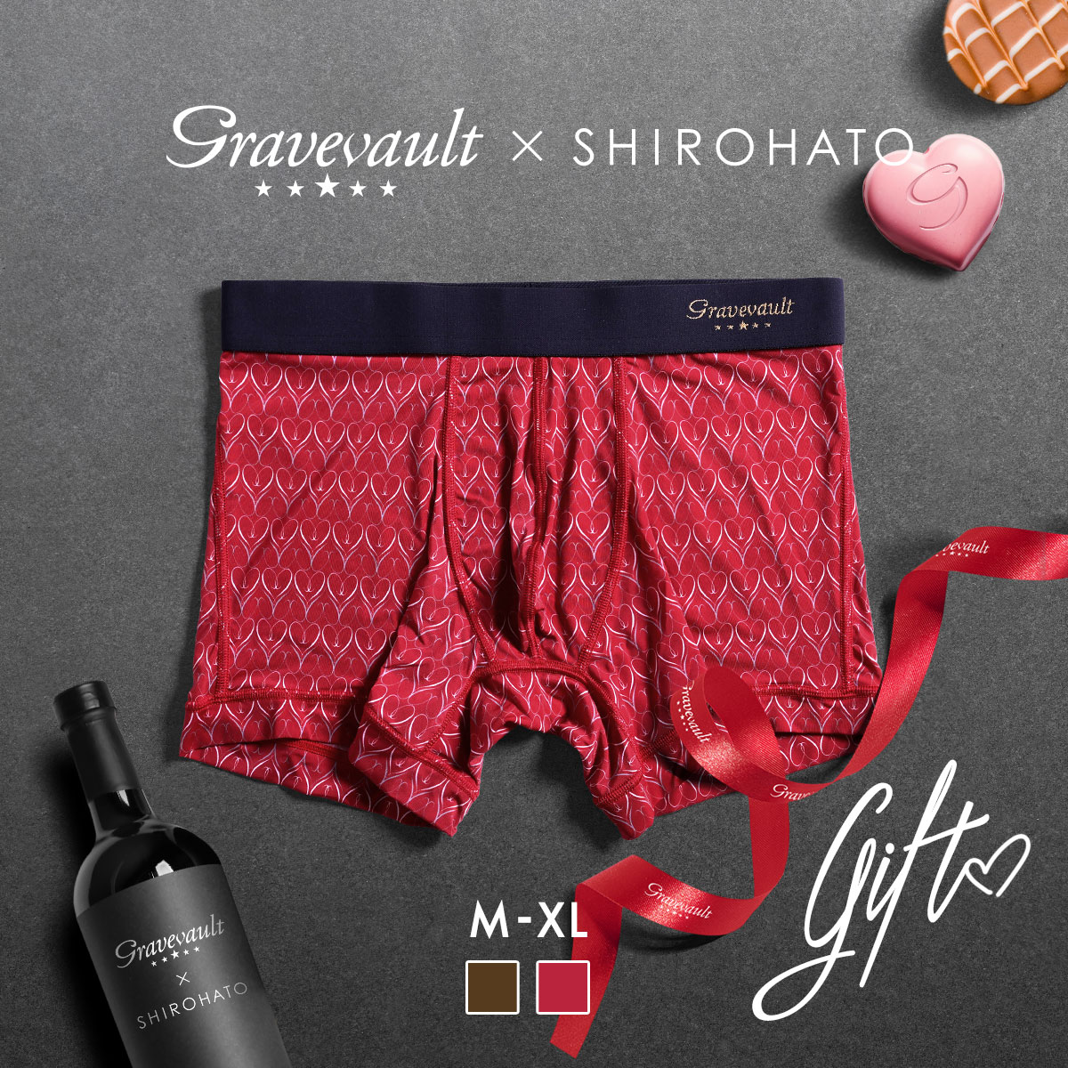 グレイブボールト Gravevault×SHIROHATO 別注 GIFT ボクサーパンツ ショート メンズ 前とじ  M L XL(WI-ワイン-M)