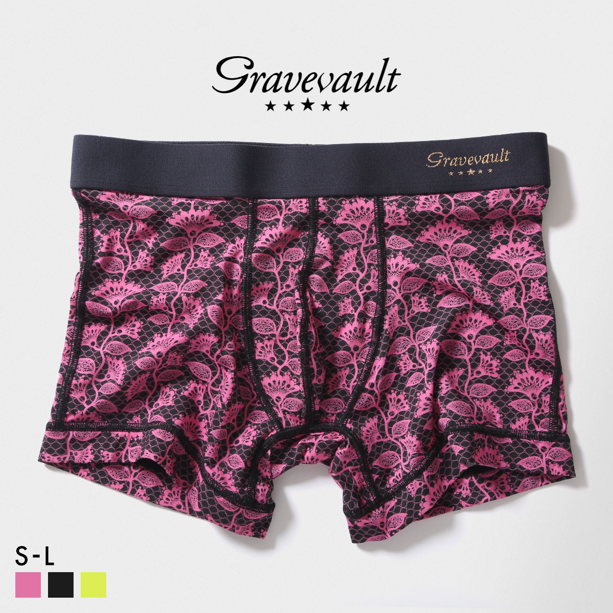 グレイブボールト BARBED FLOWER ショート ボクサーパンツ メンズ Gravevault 前とじ S M L 3052602 日本製(PI-ピンク-S)