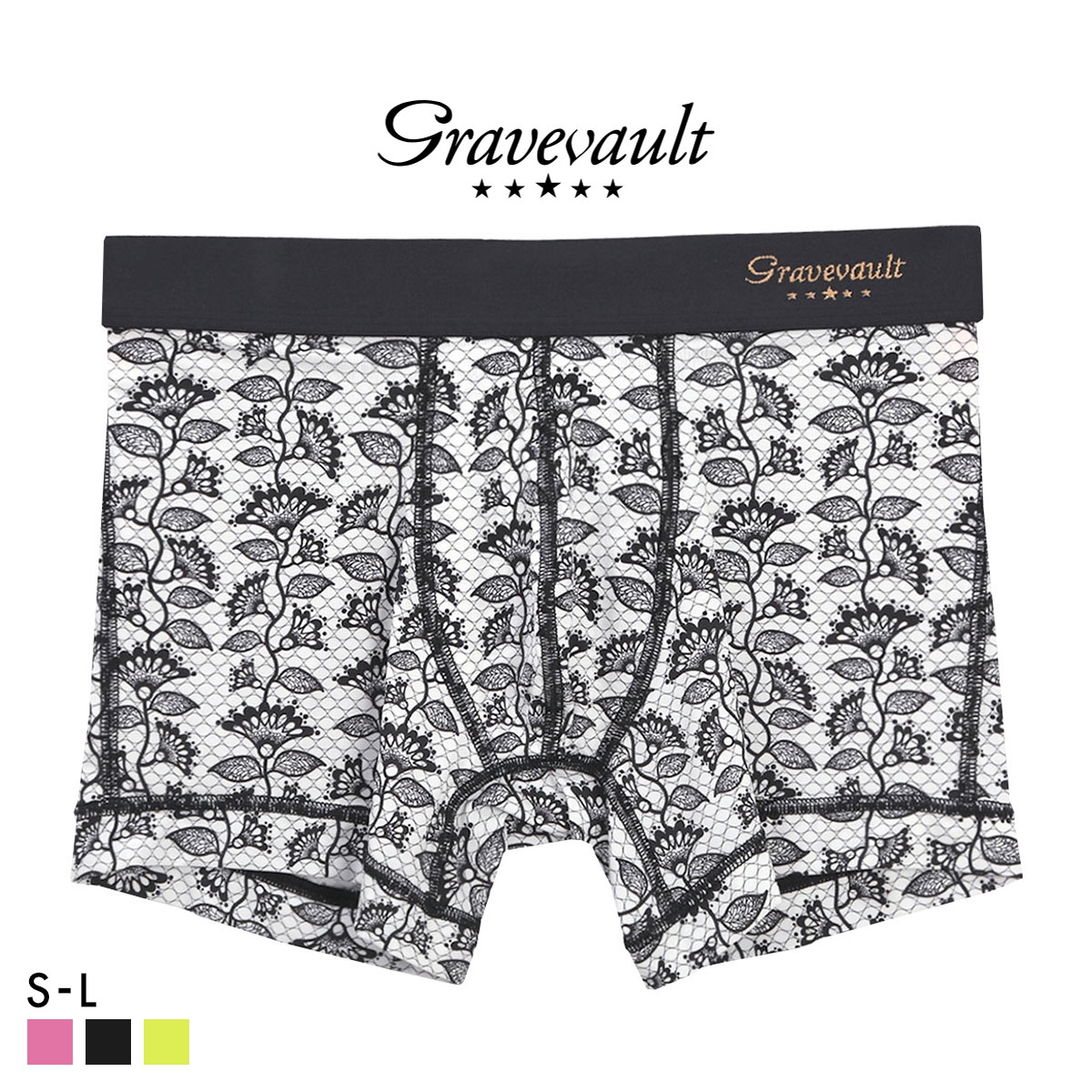 グレイブボールト BARBED FLOWER ショート ボクサーパンツ メンズ Gravevault 前とじ S M L 3052602 日本製(BK-ブラック-S)