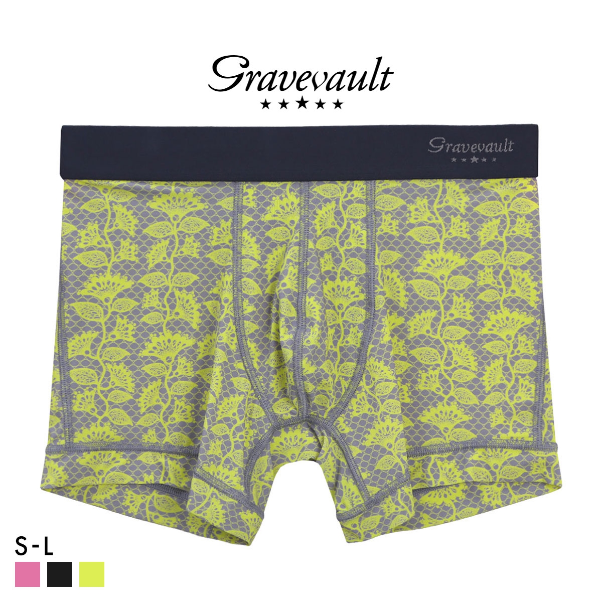 グレイブボールト BARBED FLOWER ショート ボクサーパンツ メンズ Gravevault 前とじ S M L 3052602 日本製(YE-イエロー-S)