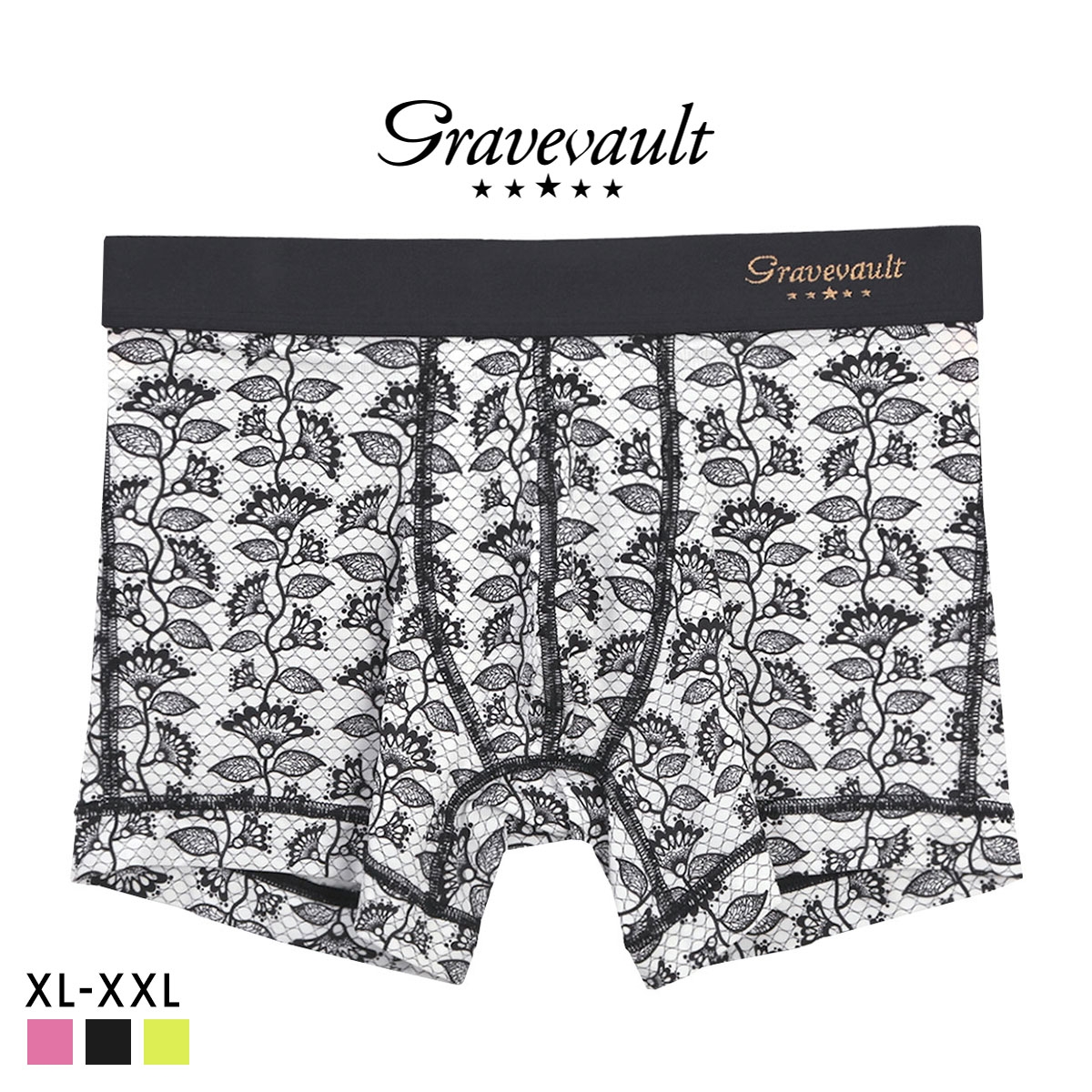 グレイブボールト BARBED FLOWER ショート ボクサーパンツ メンズ Gravevault 前とじ XL XXL 3052602 日本製(BK-ブラック-XL)