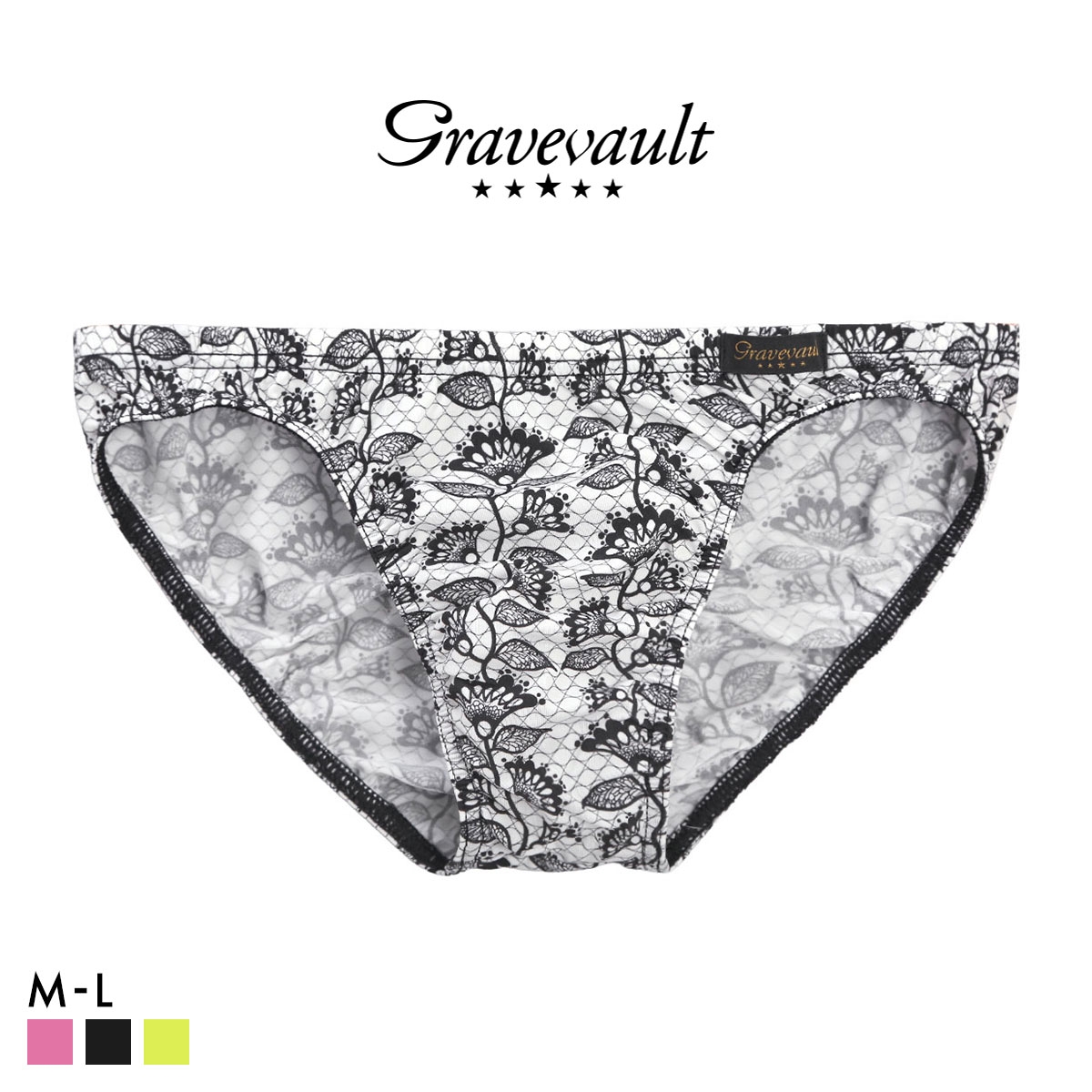 グレイブボールト BARBED FLOWER フルバック ビキニ  M L ブリーフ メンズ Gravevault 前とじ 3052605 日本製(BK-ブラック-M)