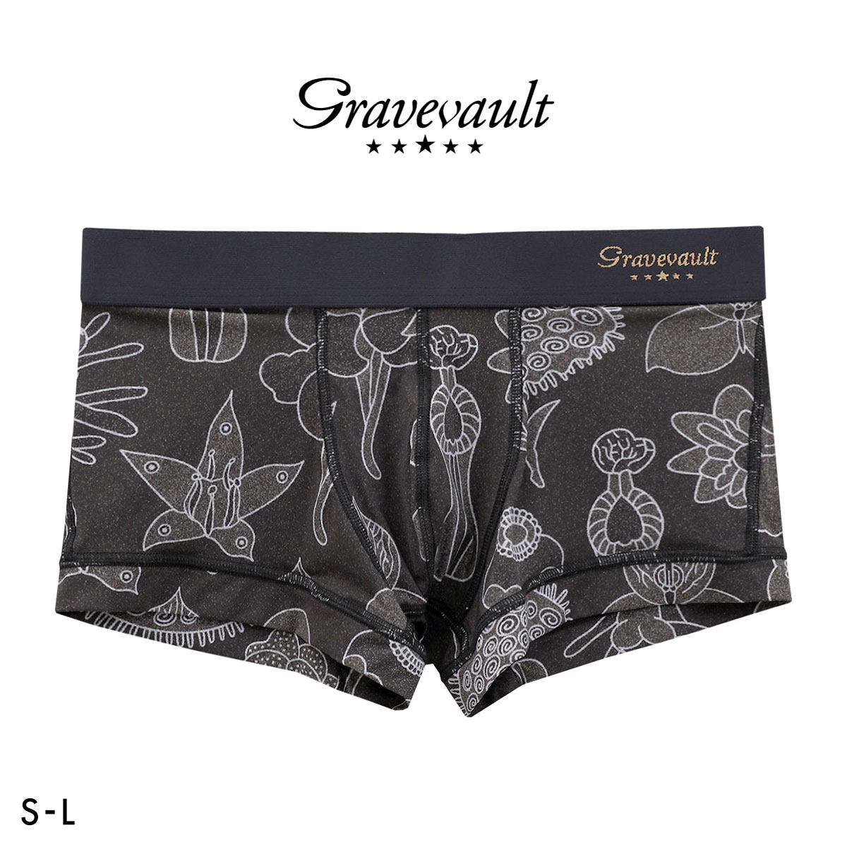 グレイブボールト EMBRO FLOWER ローライズ ボクサーパンツ メンズ Gravevault 前とじ S M L 3052611 日本製(BK-ブラック-S)