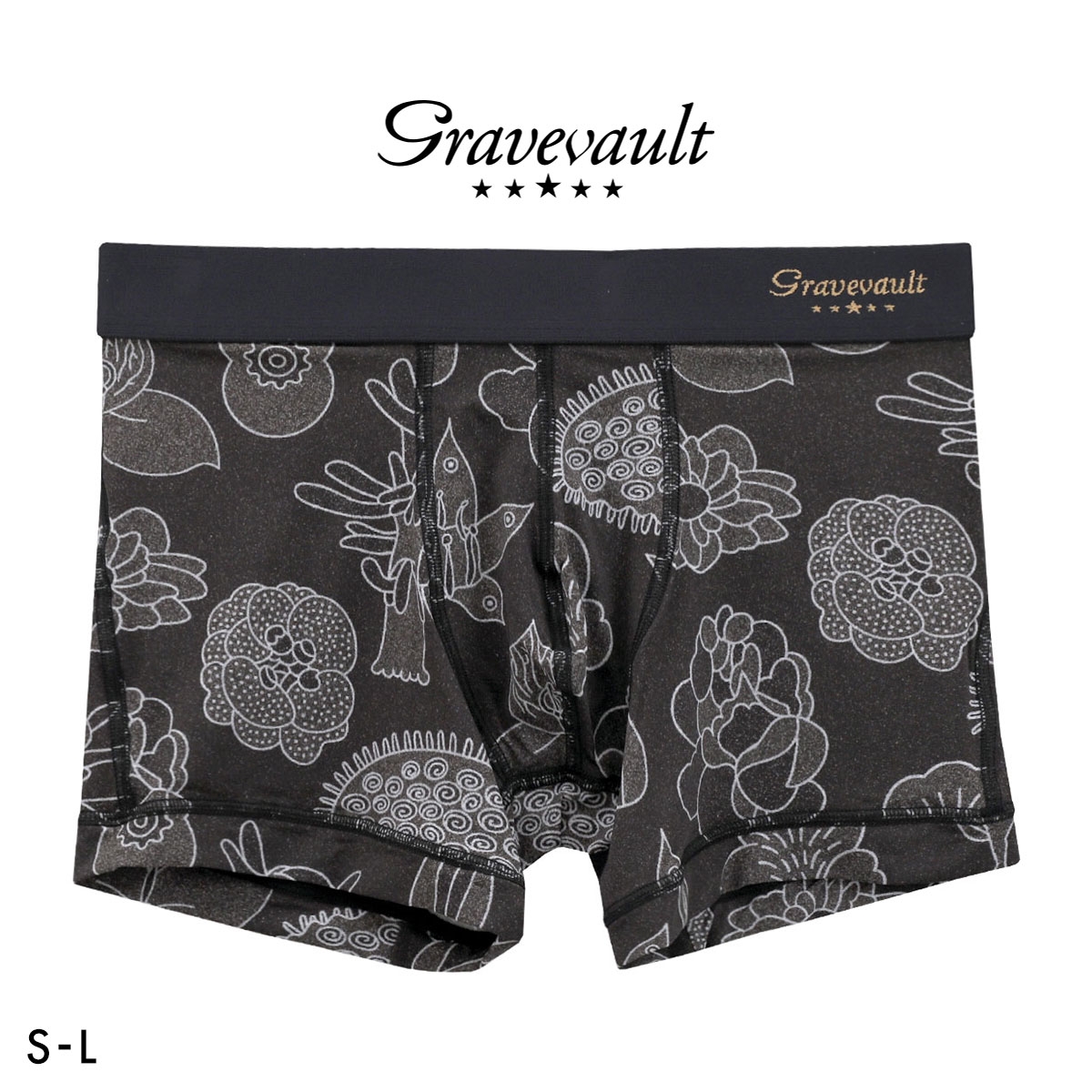 グレイブボールト EMBRO FLOWER ショート ボクサーパンツ メンズ Gravevault 前とじ S M L 3052612 日本製(BK-ブラック-S)