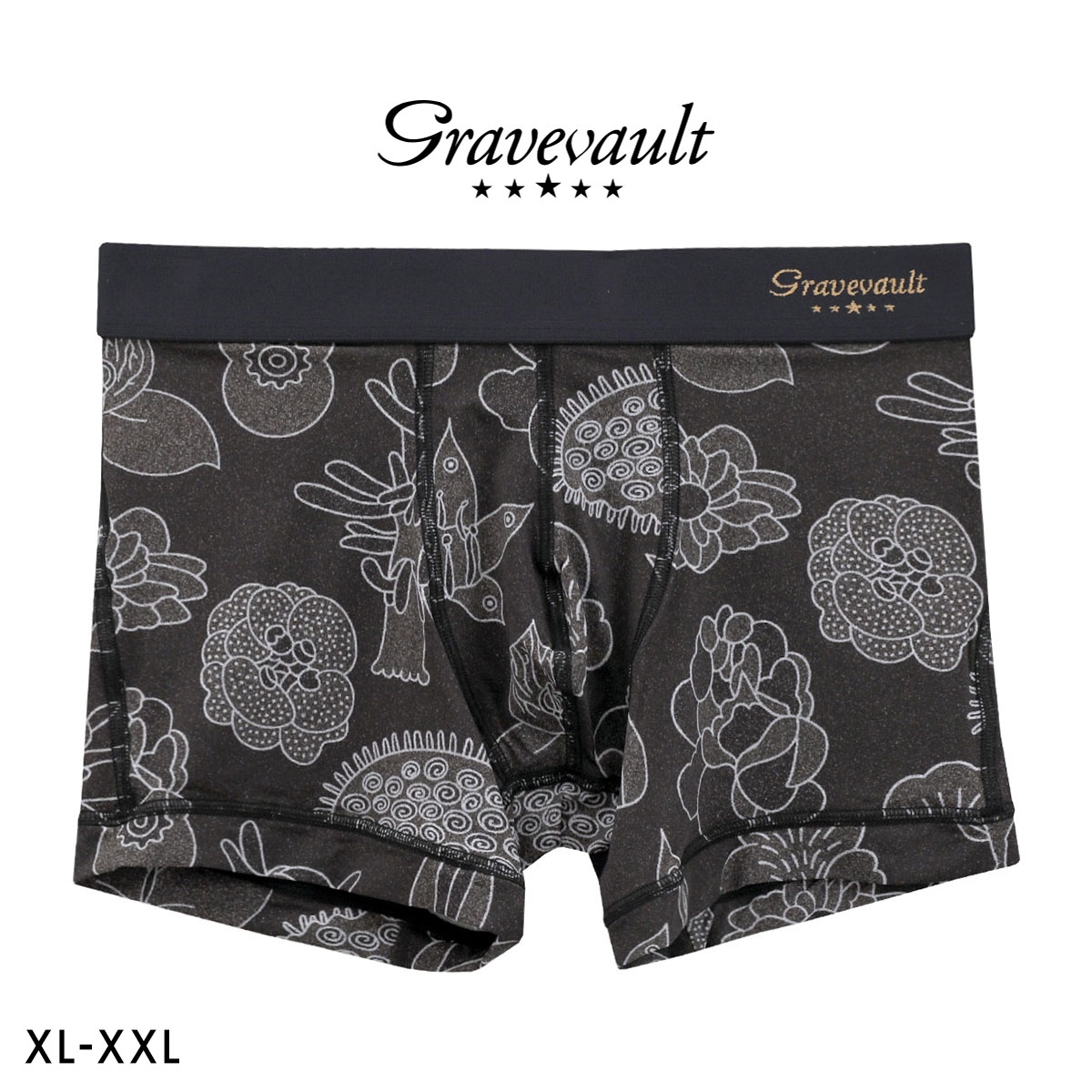 グレイブボールト EMBRO FLOWER ショート ボクサーパンツ メンズ Gravevault 前とじ XL XXL 3052612 ビッグサイズ 日本製(BK-ブラック-XL)