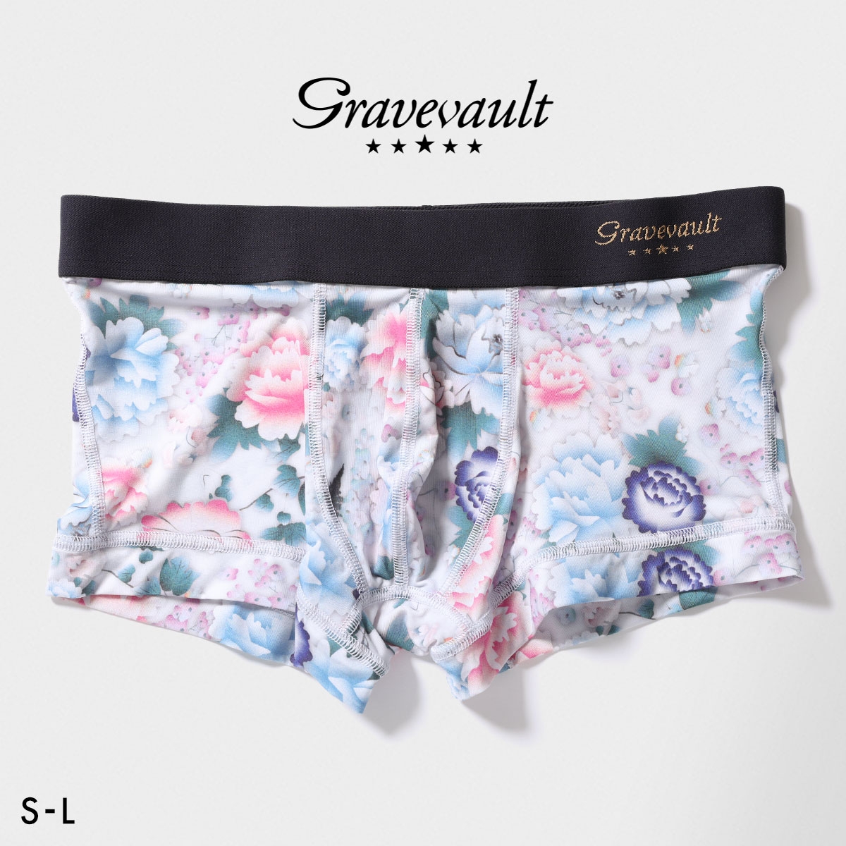 グレイブボールト Gravevault PEONY FLOWER ローライズ ボクサーパンツ メンズ 前とじ S M L 日本製(LGY-薄グレー-S)