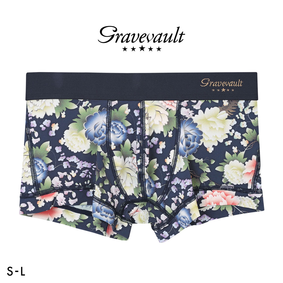 グレイブボールト Gravevault PEONY FLOWER ローライズ ボクサーパンツ メンズ 前とじ S M L 日本製(NV-ネイビー-S)