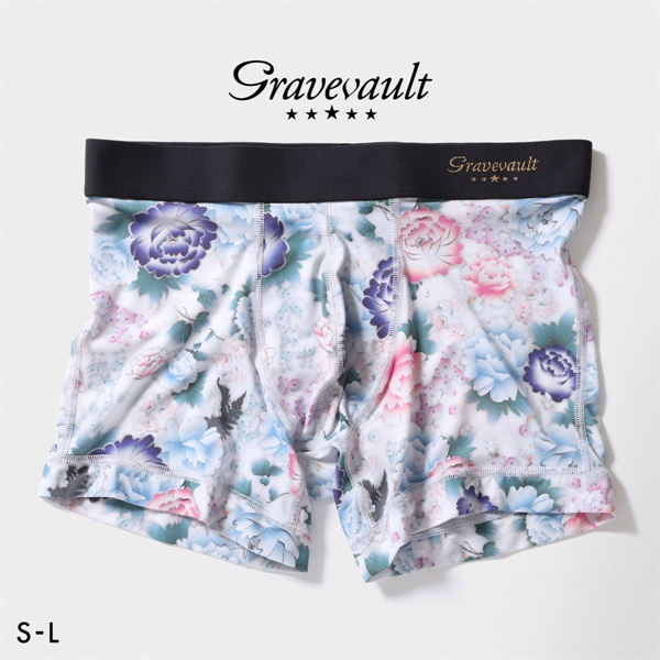 グレイブボールト Gravevault PEONY FLOWER ショートボクサー メンズ ボクサーパンツ 前とじ S M L 日本製(LGY-薄グレー-S)