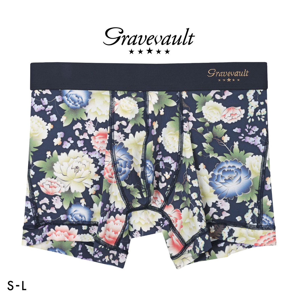 グレイブボールト Gravevault PEONY FLOWER ショートボクサー メンズ ボクサーパンツ 前とじ S M L 日本製(NV-ネイビー-S)