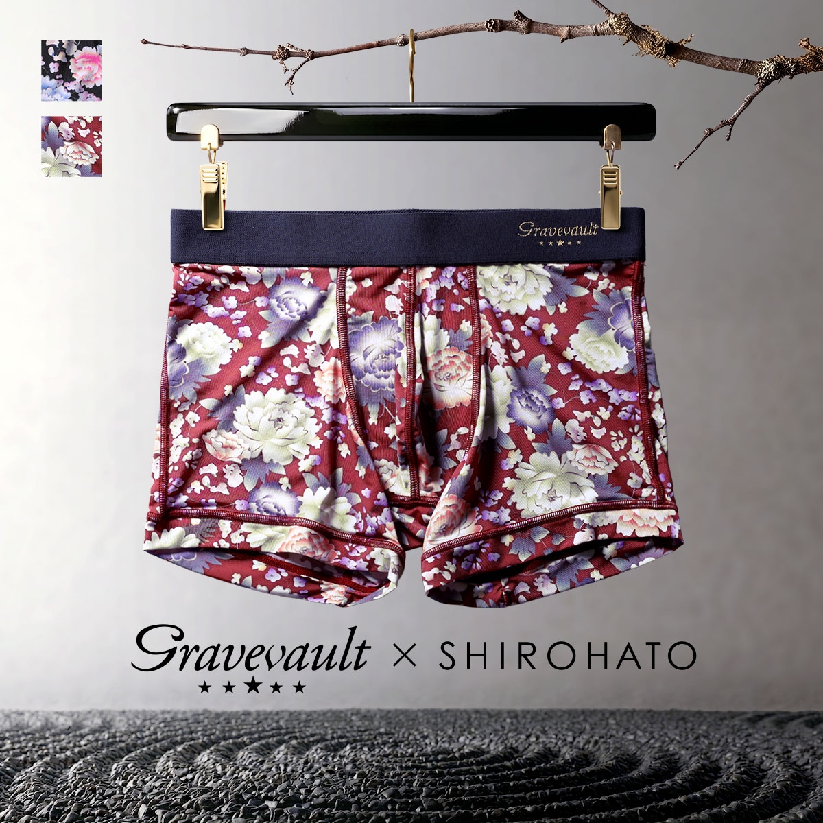 ボクサーパンツ グレイブボールト Gravevault×SHIROHATO 別注 限定 PEONY FLOWER ショート メンズ 下着 前閉じ 日本製(WI-ワイン-M)