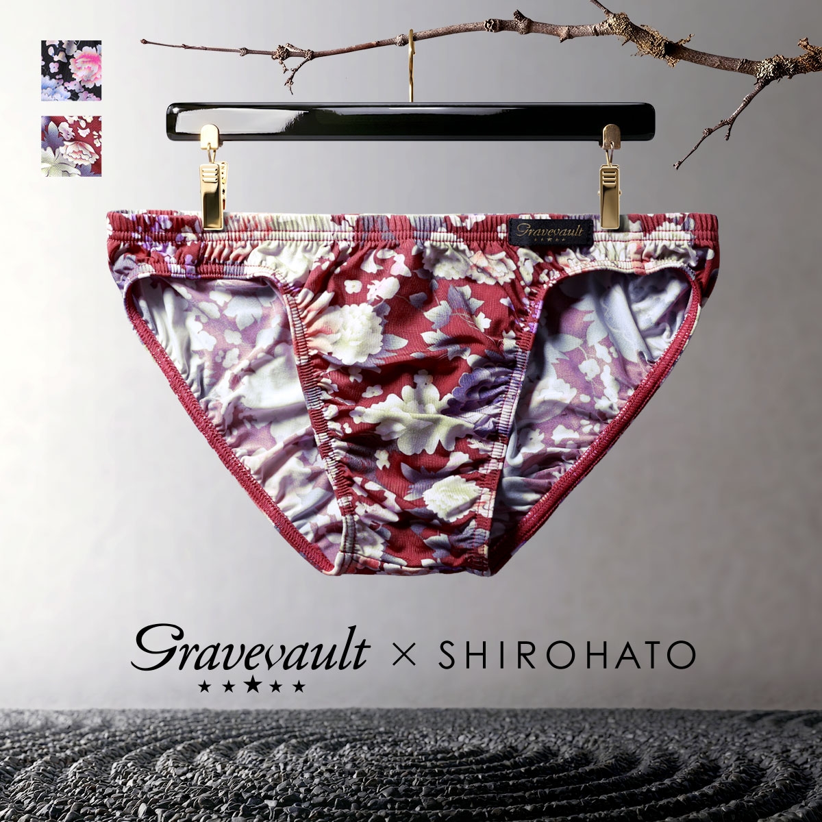 ビキニ グレイブボールト Gravevault×SHIROHATO 別注 限定 PEONY FLOWER ブリーフ メンズ パンツ 下着 前閉じ 日本製(WI-ワイン-M)