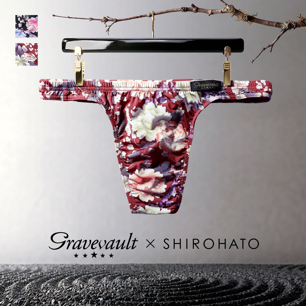 Tバック グレイブボールト Gravevault×SHIROHATO 別注 限定カラー PEONY FLOWER ビキニ メンズ 花柄 下着 日本製(WI-ワイン-M)