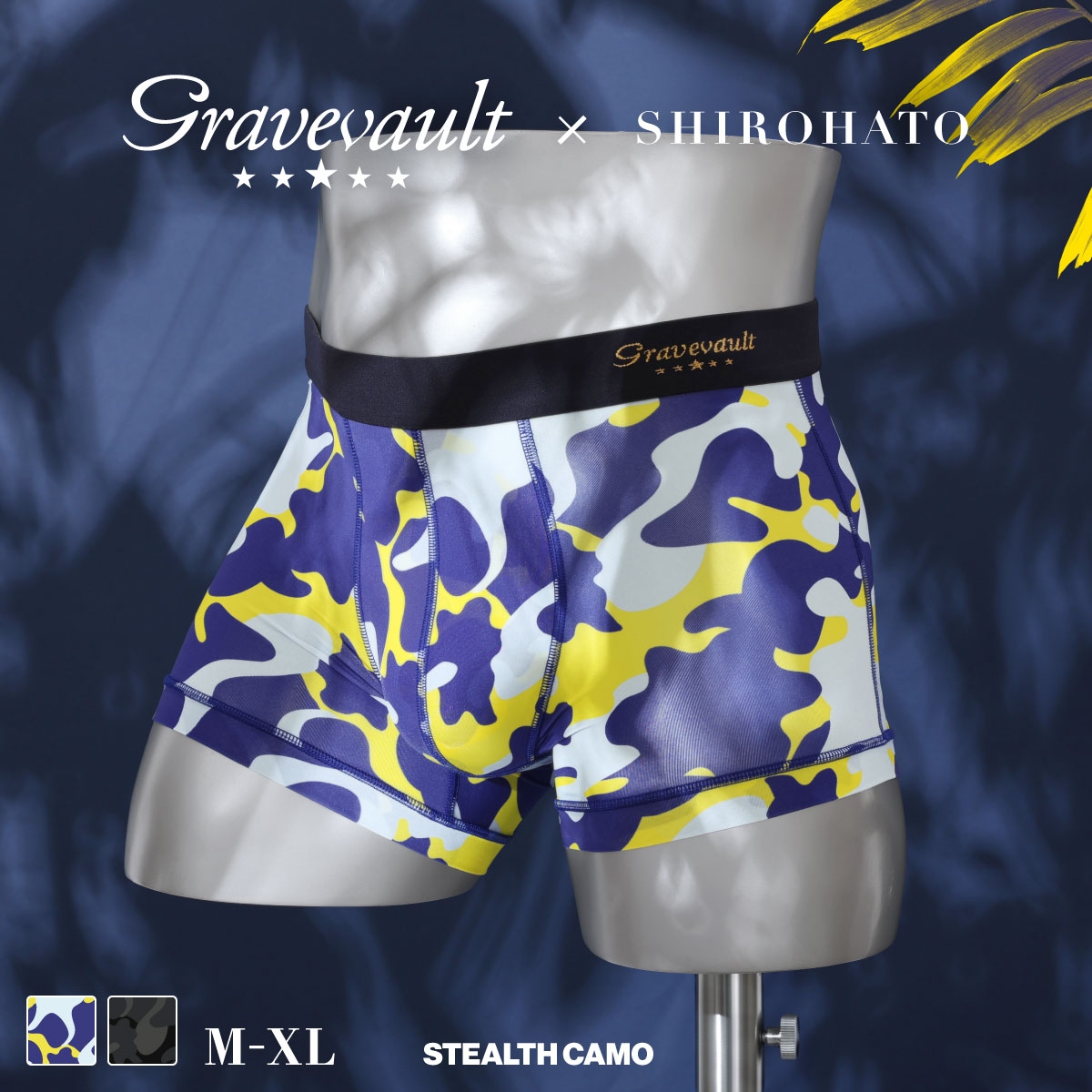 グレイブボールト Gravevault×SHIROHATO 別注 限定カラー Stealth camo ショートボクサーパンツ メンズ 前とじ M L XL 日本製(BU-ブルー-M)