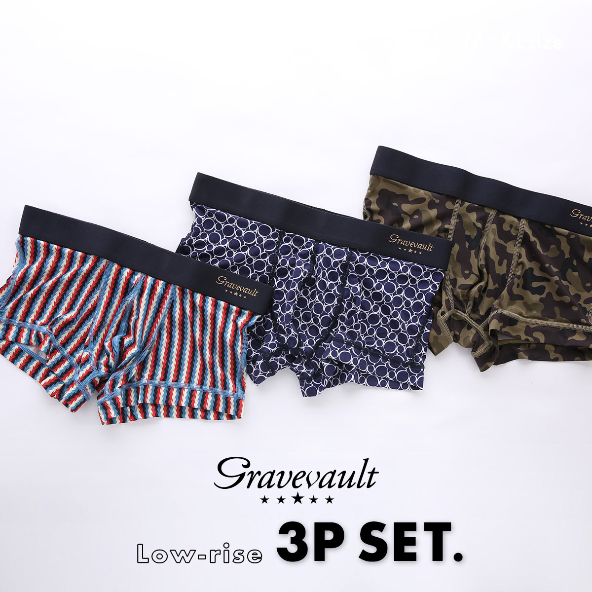 グレイブボールト Gravevault 数量限定 M L XL サイズ ボクサーパンツ おまかせ 3P 福袋 ショート ローライズ 3枚セット 日本製(ローライズ丈-M)