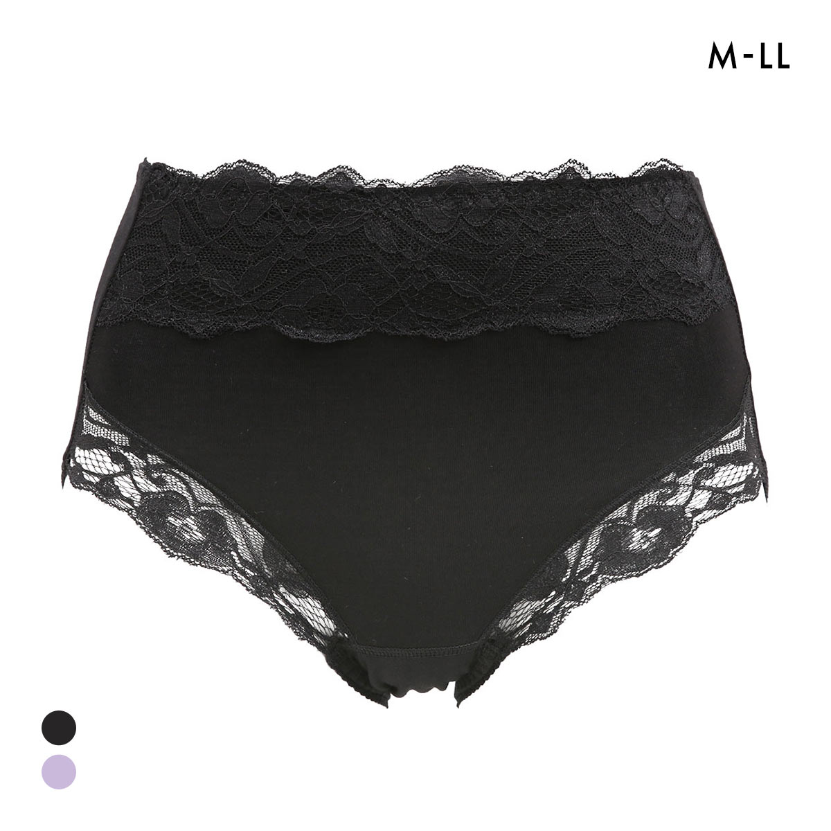 お腹まですっぽり 綿混 レースショーツ M L LL スタンダード ショーツ 大きいサイズ ハイウエスト コットン混 単品(BK-ブラック-M)