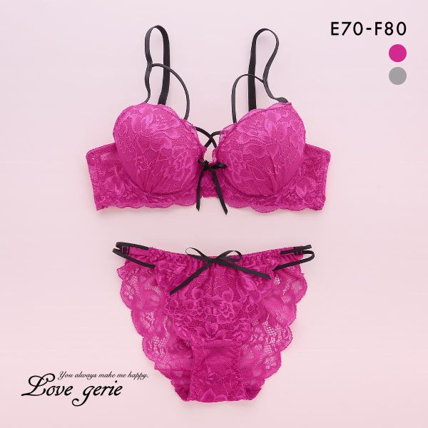 ラブジェリー グロッシーコード ブラセット EF 総レース 盛り胸 Wパッド 谷間ブラ バストアップ ブラジャー ショーツ セット Love gerie