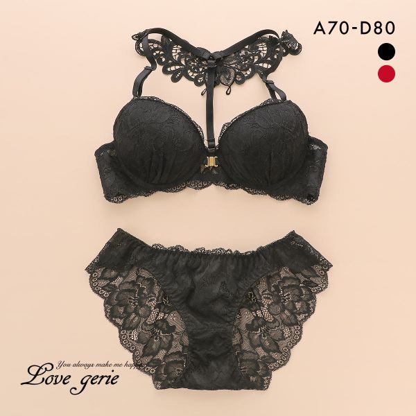 ラブジェリー 背中魅せ バタフライケミカル フロントホック ブラセット ABCD  盛り胸 Wパッド ブラジャー ショーツ セット