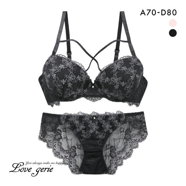 ラブジェリー フラワーバタフライ ブラセット ABCD 盛り胸 Wパッド 谷間ブラ バストアップ ブラジャー ショーツ セット バックレース