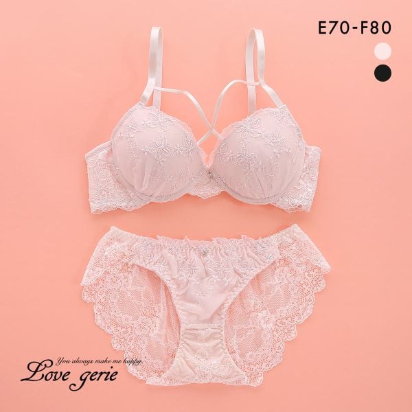 ラブジェリー フラワーバタフライ ブラセット EF 大きいサイズ バックレース 総レース 盛り胸 Wパッド 谷間ブラ バストアップ ブラジャー ショーツ セット