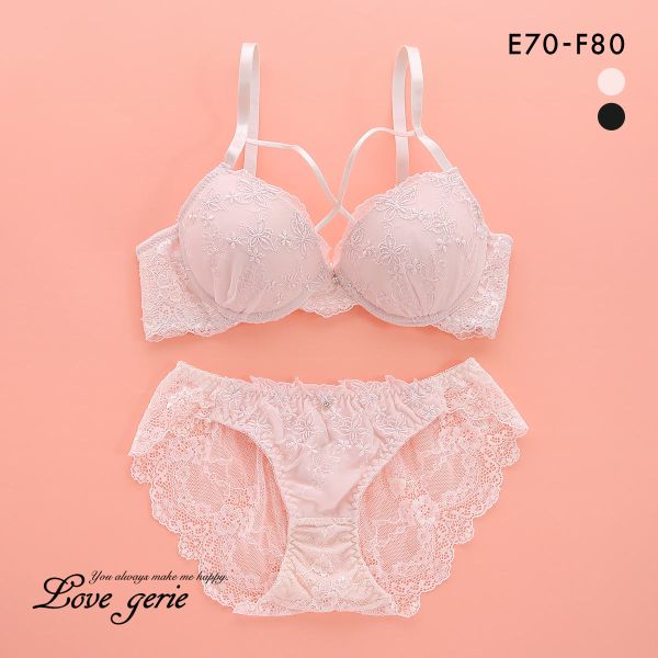 ラブジェリー フラワーバタフライ ブラセット EF 大きいサイズ バックレース 総レース 盛り胸 Wパッド 谷間ブラ バストアップ ブラジャー ショーツ セット
