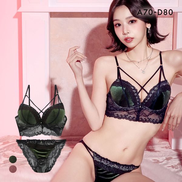 ラブジェリー ベロアレース ブラセット ABCD 盛り胸 Wパッド 谷間ブラ 脇寄せ バストアップ バックレース ブラジャー ショーツ Love gerie(GR-グリーン-A70-M)