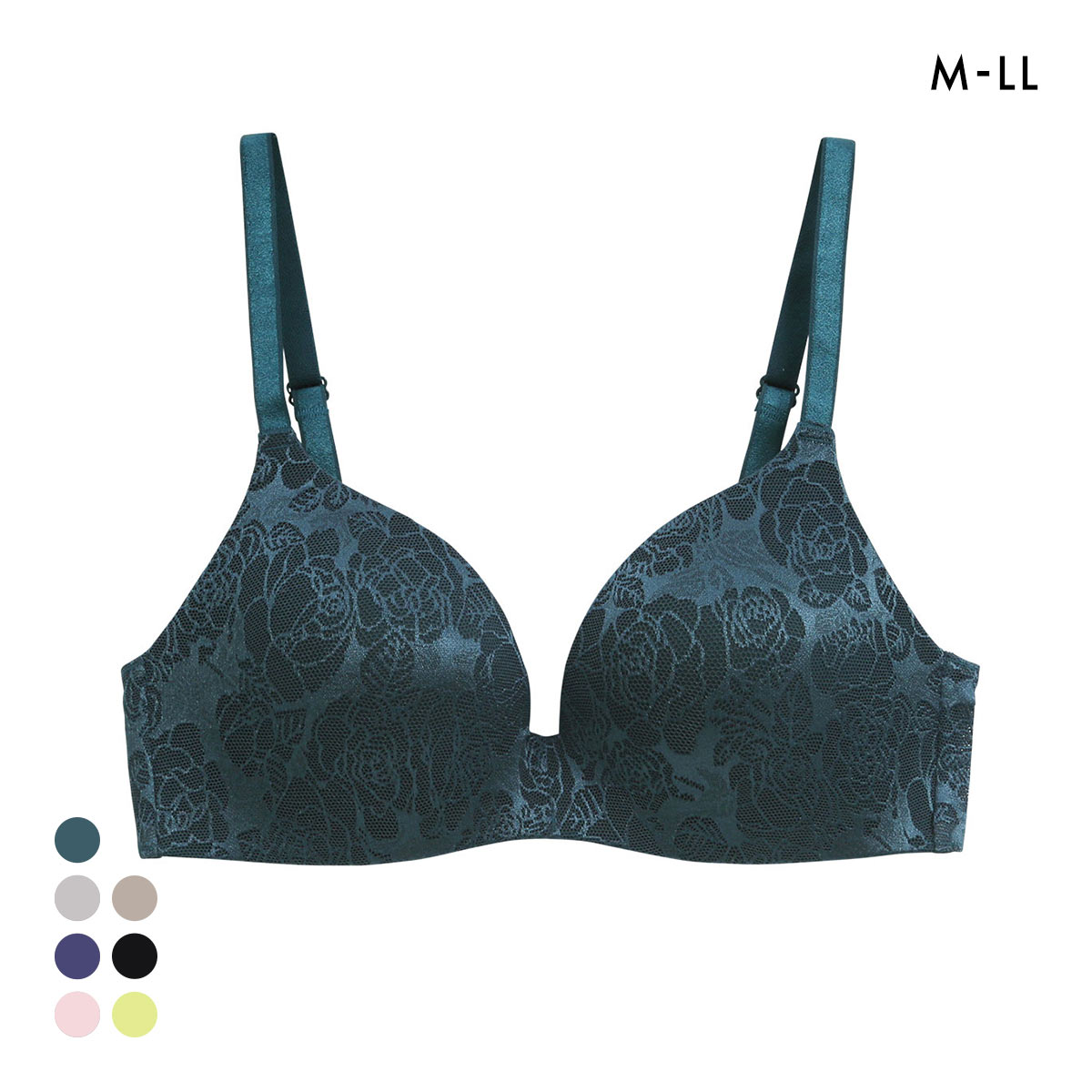 ジャガードモールド プレミアム ノンワイヤーブラジャー M L LL ワイヤレス 軽い ひびきにくい 単品 らくちん ストレスフリー 美胸(GR-グリーン-M)