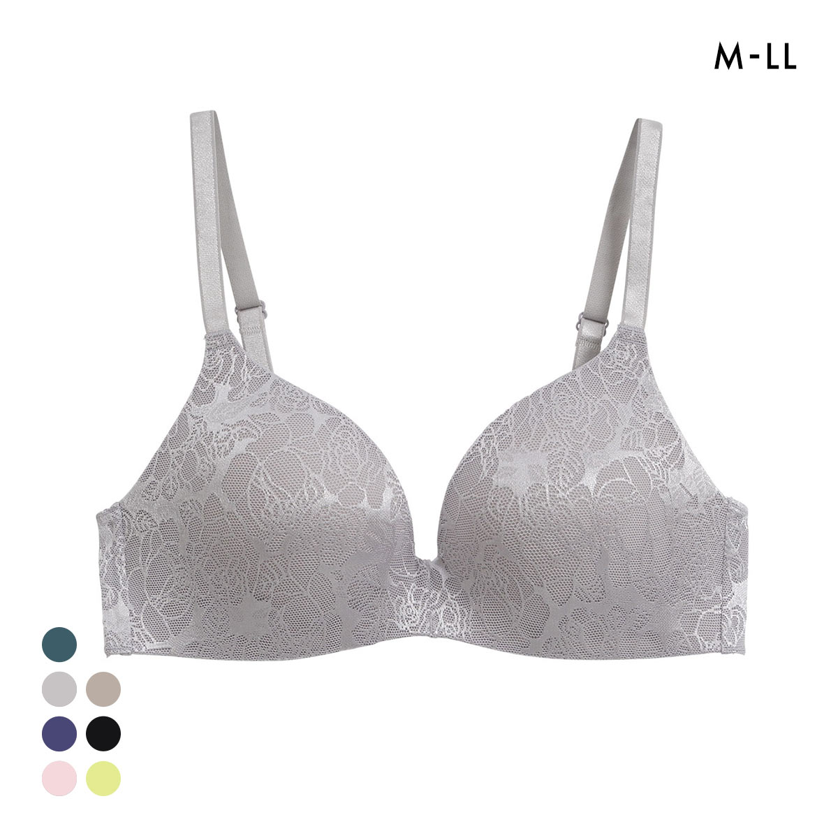 ジャガードモールド プレミアム ノンワイヤーブラジャー M L LL ワイヤレス 軽い ひびきにくい 単品 らくちん ストレスフリー 美胸(GY-グレー-M)