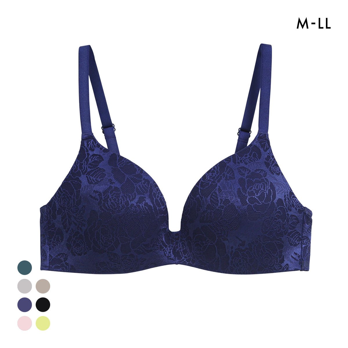 ジャガードモールド プレミアム ノンワイヤーブラジャー M L LL ワイヤレス 軽い ひびきにくい 単品 らくちん ストレスフリー 美胸(NV-ネイビー-M)