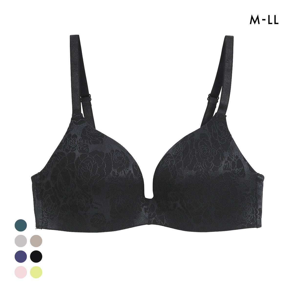 ジャガードモールド プレミアム ノンワイヤーブラジャー M L LL ワイヤレス 軽い ひびきにくい 単品 らくちん ストレスフリー 美胸(BK-ブラック-M)