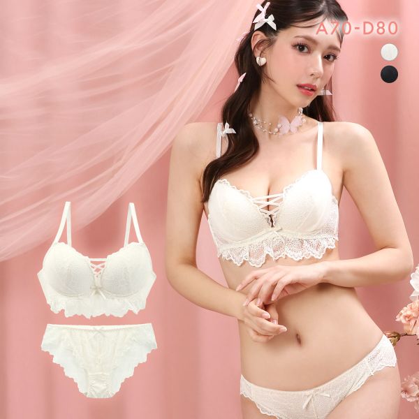 ラブジェリー オールレーシィフリル ブラセット ABCD 谷間ブラ 脇寄せ Wパッド 総レース バストアップ L字ワイヤー ブラショーツセット Love gerie