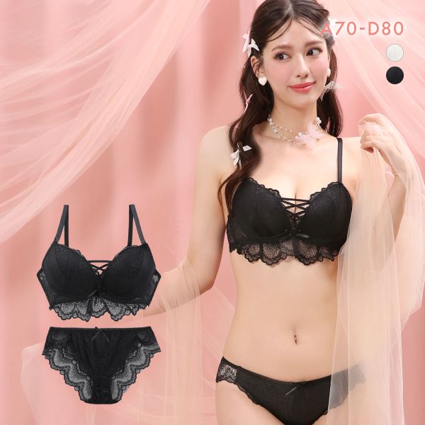 ラブジェリー オールレーシィフリル ブラセット ABCD 谷間ブラ 脇寄せ Wパッド 総レース 盛り胸 バストアップ L字ワイヤー ブラショーツセット Love gerie