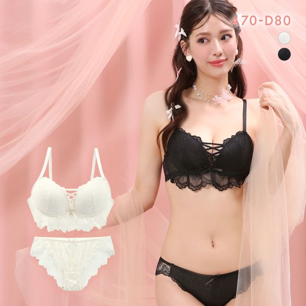 ラブジェリー オールレーシィフリル ブラセット ABCD 谷間ブラ 脇寄せ Wパッド 総レース バストアップ L字ワイヤー ブラショーツセット Love gerie