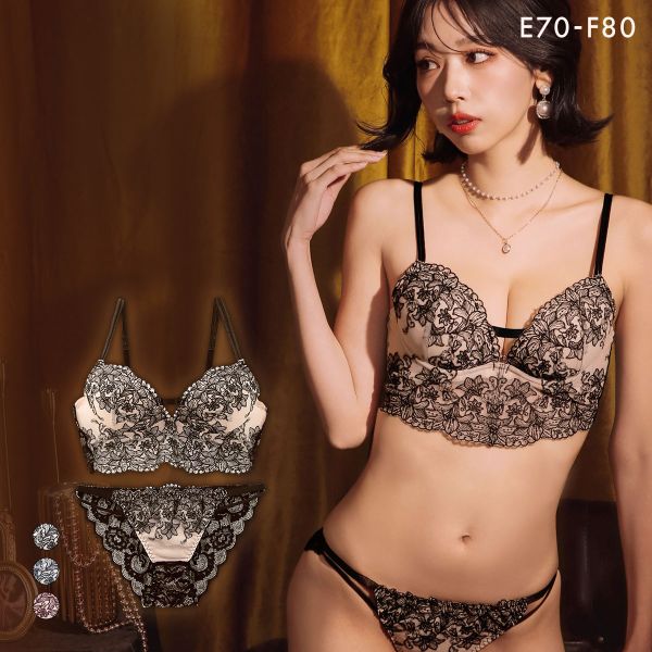 ラブジェリー クラシカルリリー ビスチェ風 ブラセット EF 大きいサイズ グラマー 盛り胸 Wパッド 谷間ブラ 脇寄せ ブラジャー ショーツ Love gerie