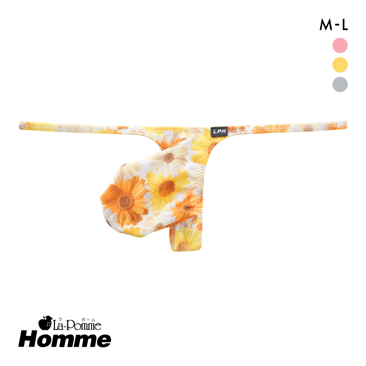 ラポーム オム フラワープリント Tバック ビキニ メンズ 前とじ 日本製 La-Pomme Homme(YE-イエロー-M)