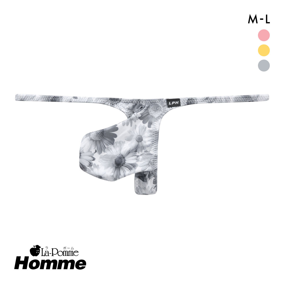 ラポーム オム フラワープリント Tバック ビキニ メンズ 前とじ 日本製 La-Pomme Homme(GY-グレー-M)