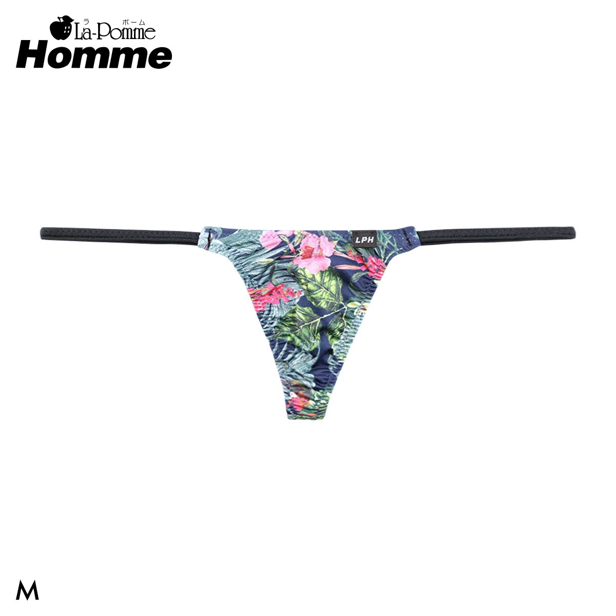 ラポーム オム アマゾンリーフプリント 極小 Tバック ビキニ メンズ 日本製 La-Pomme Homme(NV-ネイビー-M)