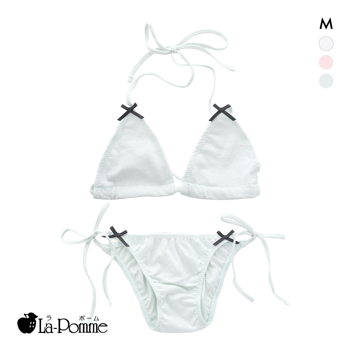 ラポーム リボン付き ブラ＆ショーツセット レディース フェミニン La-Pomme(SX-サックス-M)